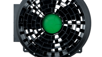 AxiBlade fan with central, green cirlcle, frontal view, with reflection