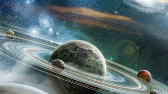 Planet in space with numerous prominent ring system and four moons orbit the planet; lit light stars